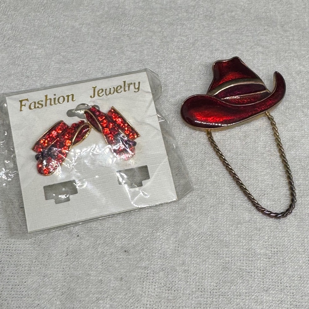 Red Cowboy Hat Brooch and Earrings